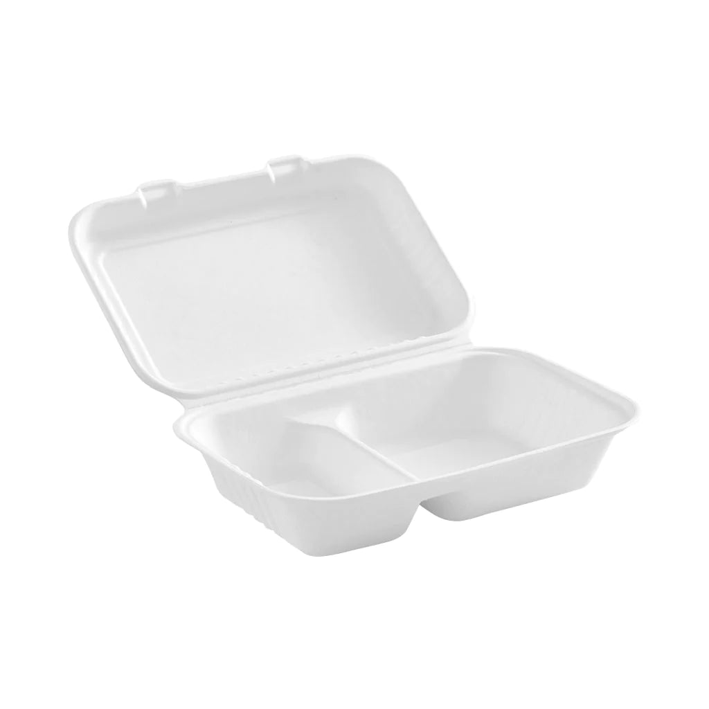 Compostable Hinged Containers with Compartments - 9" X 6" X 3.25" / White / 2 Compartments