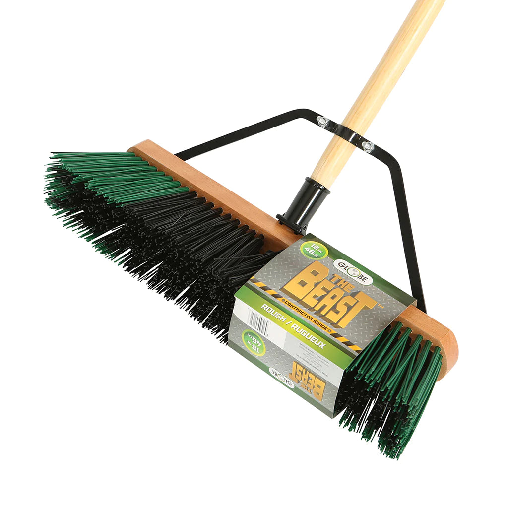 The Beast™ Assembled Wood Block Contractor Push Brooms - Rough Bristles / Black/ Green