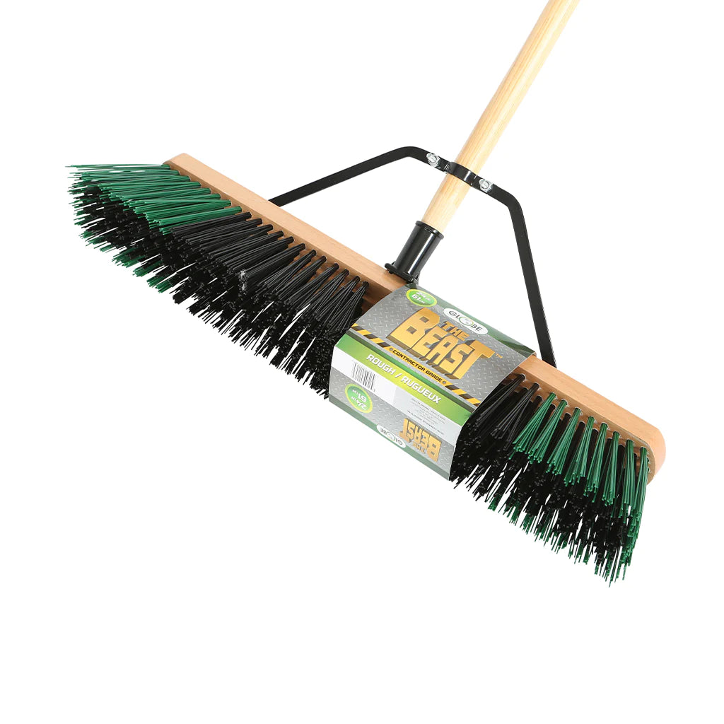 The Beast™ Assembled Wood Block Contractor Push Brooms - Rough Bristles / Black/ Green